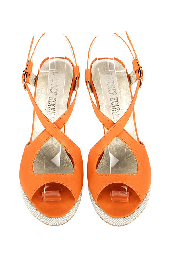 Women's apricot orange elegant cross straps sandals. Round toe. High slim heel with a platform at the front - Top view